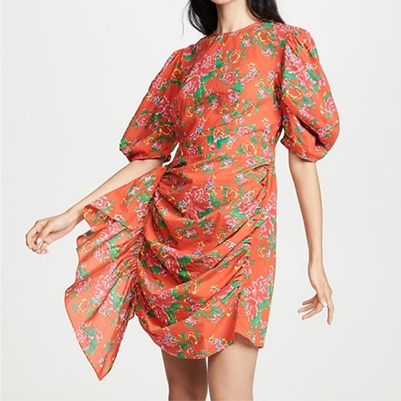 NWOT RHODE Pia Resort Red Floral Puff-Sleeve Ruched Mini Dress Size XS - Picture 2 of 16